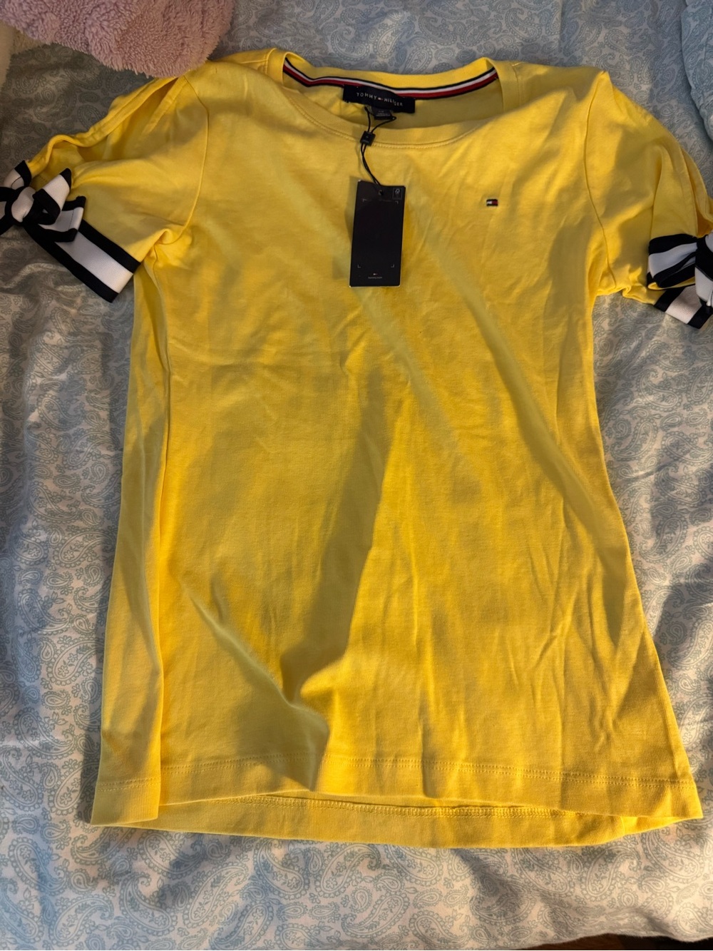 NWT Tommy Hilfiger Yellow Short Sleeve Top with Striped Tie Cuffs